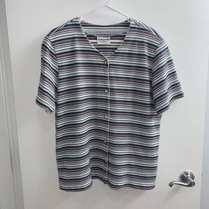 Vintage Alfred Dunner Button Up V-Neck Top Striped Aztec Pattern Size M